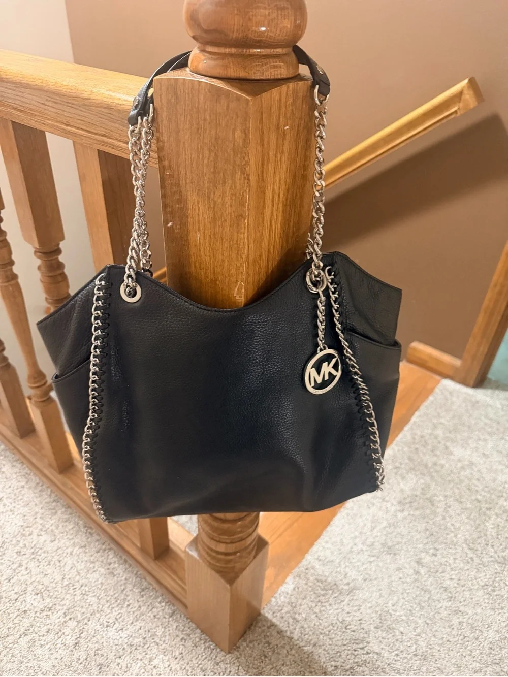 Michael Kors Black Leather Shoulder Tote with Silver Chain Trim
